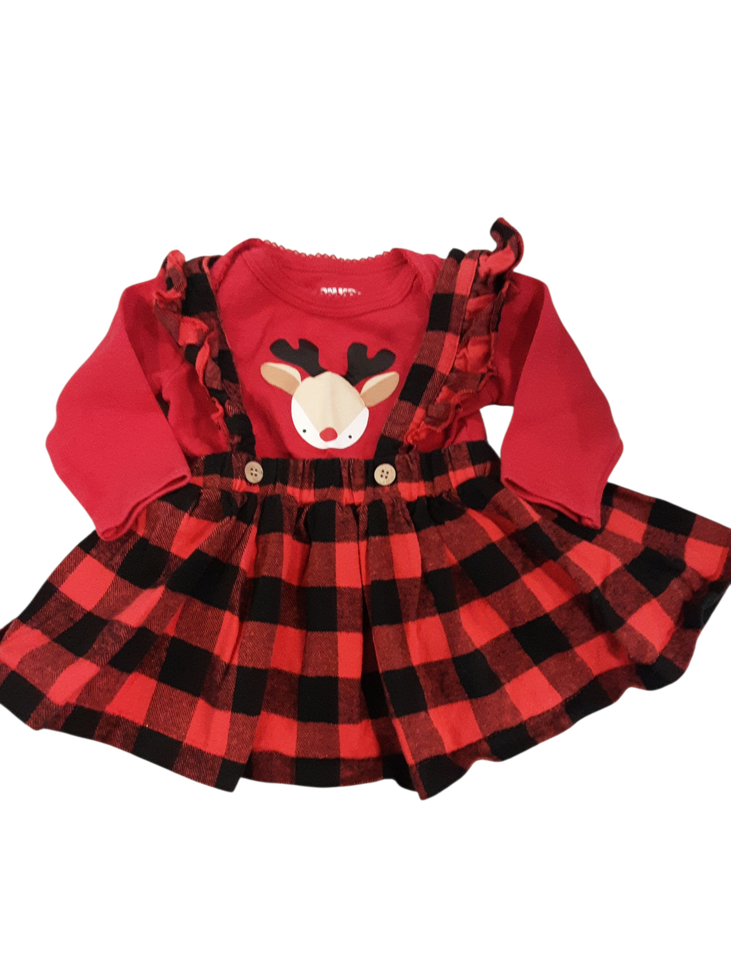 Reindeer onsie with plaid overall skirt size 12months