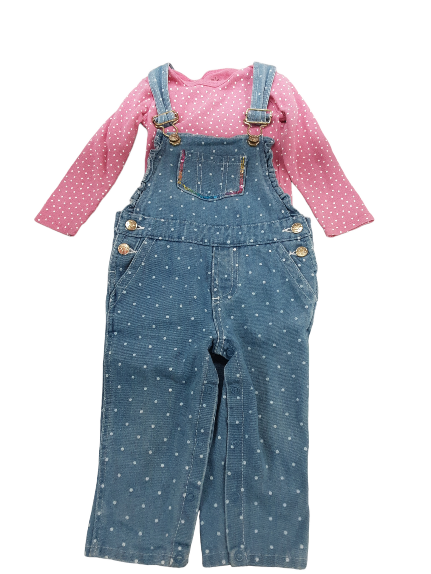 Polka-dot denim  overalls paired with pink polka-dot onsie size 18-24months