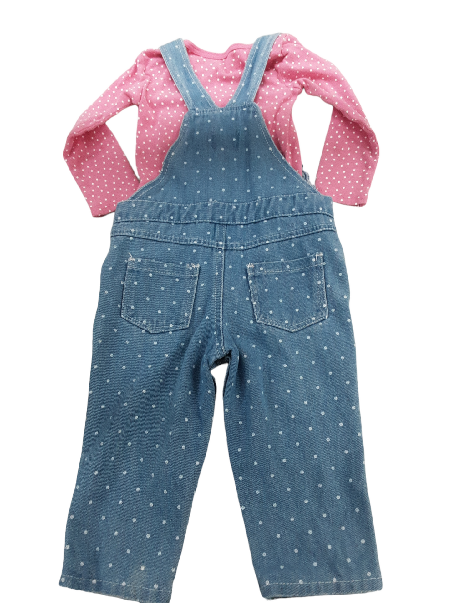 Polka-dot denim  overalls paired with pink polka-dot onsie size 18-24months