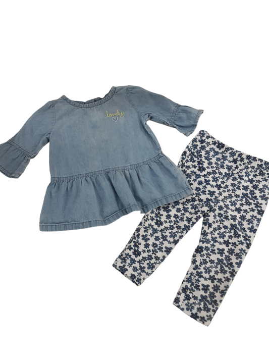 Chambray blouse paired with blue floral leggingbsize 12 months