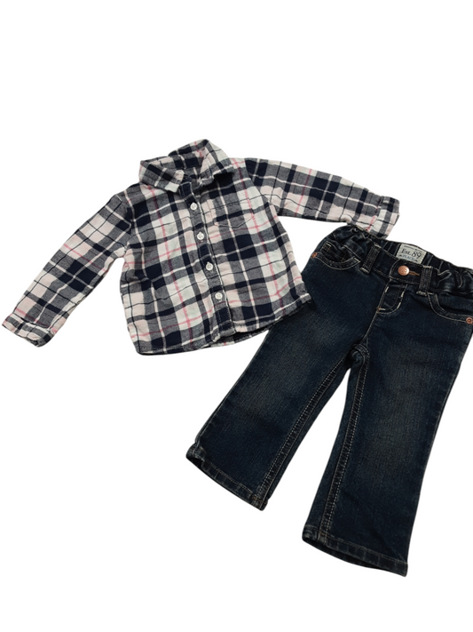 Girls flannel with denims size 9-12m