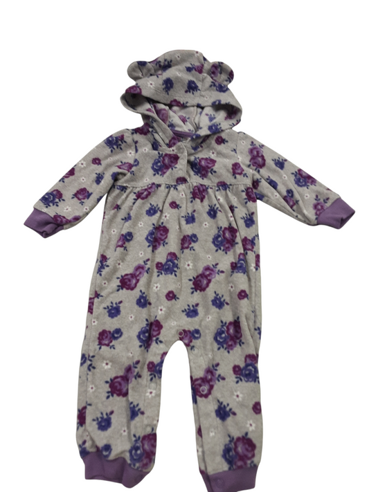 Floral fleece hooded romper,  size 6-9months