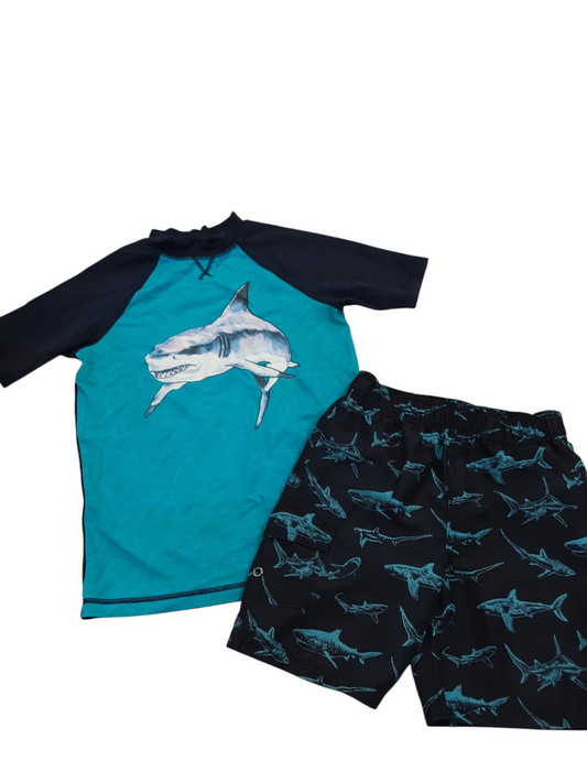 Sharks! Rash guard and swim shorts size 5-7