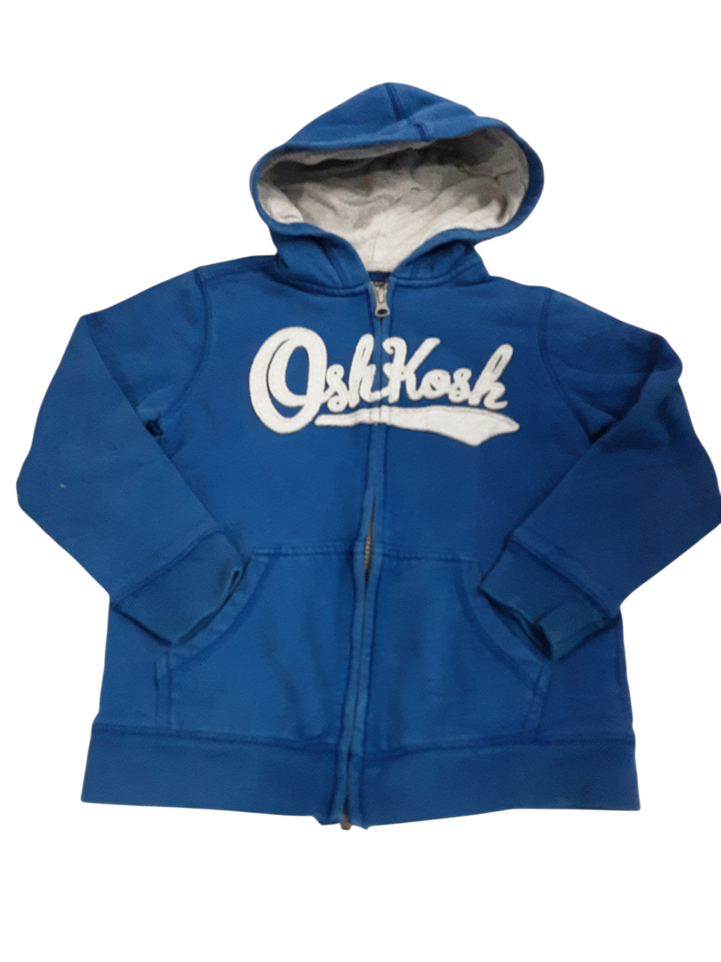 Blue fleece jacket with lined hood and lettering in grey size 7
