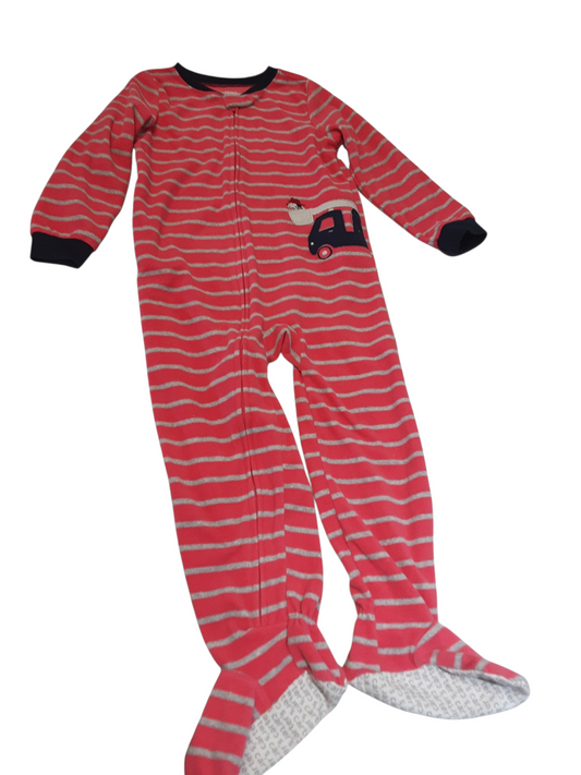 Coral, grey striped fleece sleeper size 5