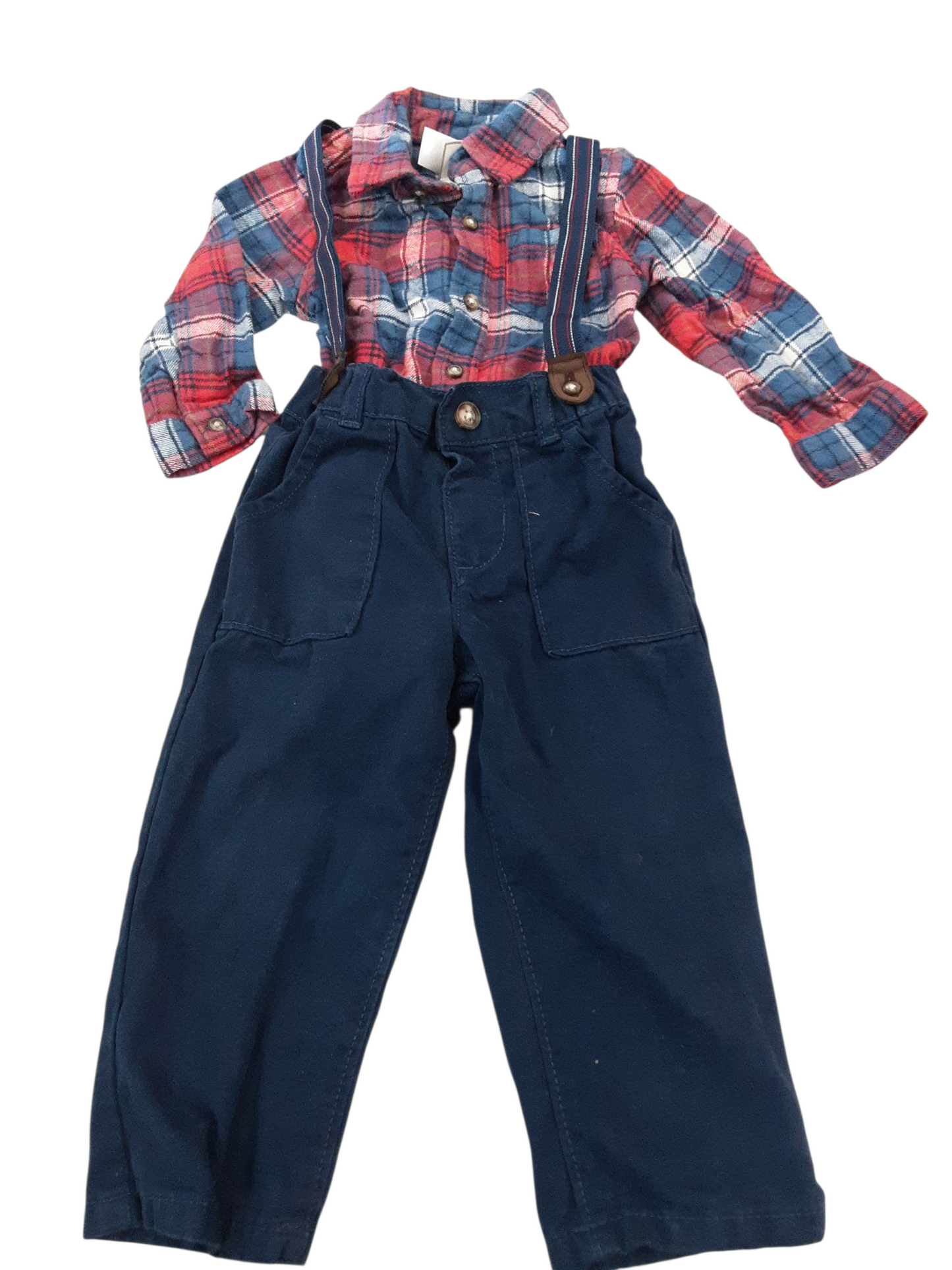 Plaid flannel top and navy pants with suspenders,  size 18months