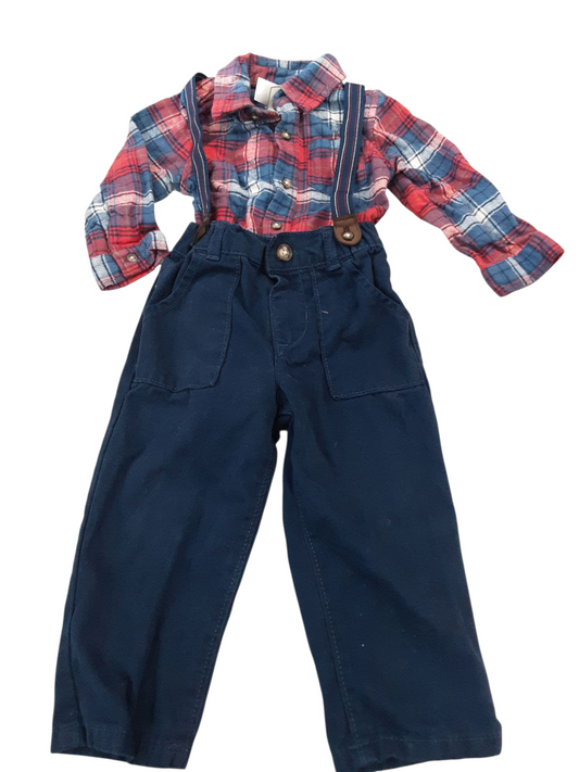 Plaid flannel top and navy pants with suspenders,  size 18months