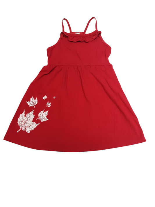Red sundress with maple leaf print along bottom front. Size 2-3