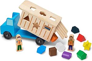 Melissa & Doug Shape-Sorting Wooden Dump Truck Toy With 9 Colorful Shapes and 2 Play Figures
